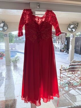 Red Lace Bodice Chiffon Midi Dress